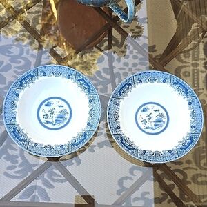 2 Emerald Blue and White Porcelain Dinner Bowl Plates